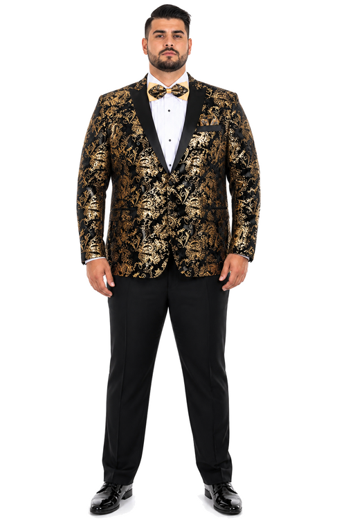 Velvet Floral Paisley Men's Tuxedo Jacket - Modern Fit In Gold & Black