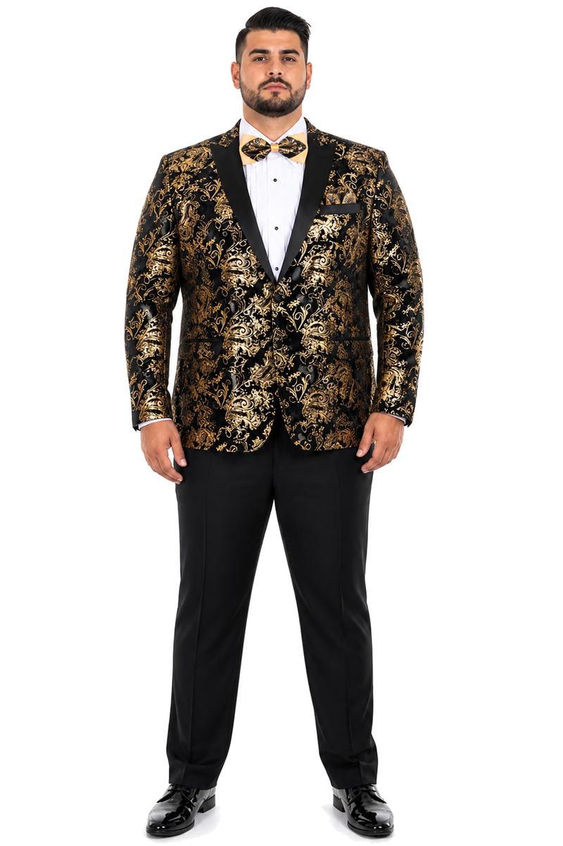 Velvet Floral Paisley Men's Tuxedo Jacket - Modern Fit In Gold & Black