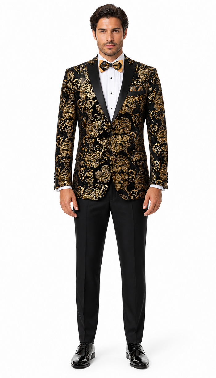 Velvet Floral Paisley Men's Tuxedo Jacket - Modern Fit In Gold & Black
