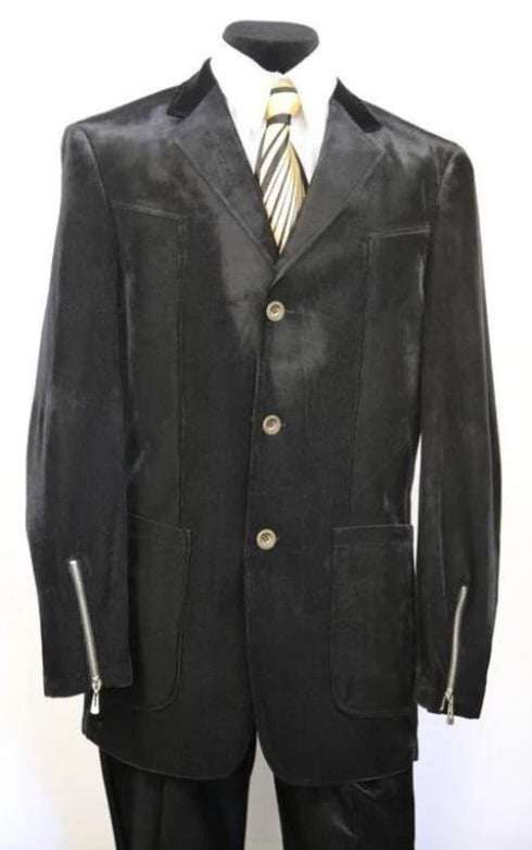 Velvet Suits - Patch Pocket = Three Button Suit With Zipper On Sleeve Black