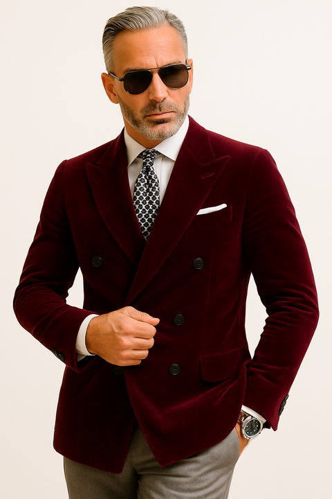 Mens Double Breasted Velvet Blazer - Burgundy blazer