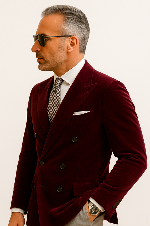 Mens Double Breasted Velvet Blazer - Burgundy blazer