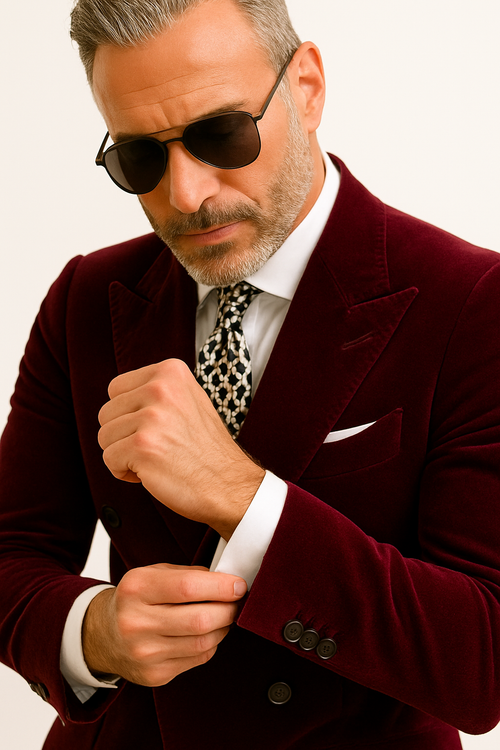 Mens Double Breasted Velvet Blazer - Burgundy blazer