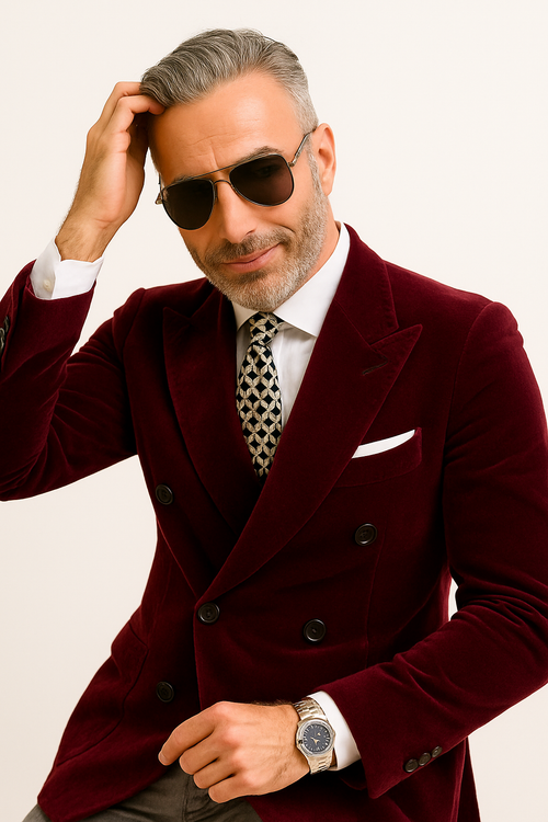 Mens Double Breasted Velvet Blazer - Burgundy blazer