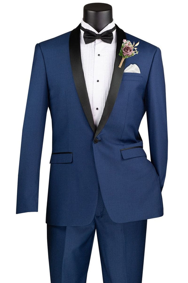 Blue Slim Fit Shawl Collar Tuxedo for Men