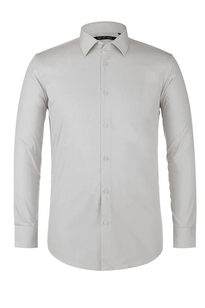 Men's classic fit grey dress shirt with spread collar, long sleeves, and button closure. Solid grey fabric, standard button cuffs. A timeless, versatile wardrobe staple.
