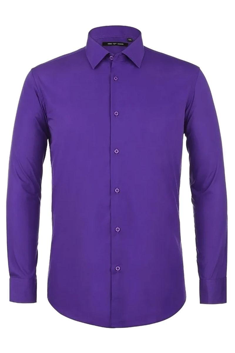 Men's classic fit lilac dress shirt with spread collar, long sleeves, button cuffs, and button-down front. Smooth, solid fabric.
