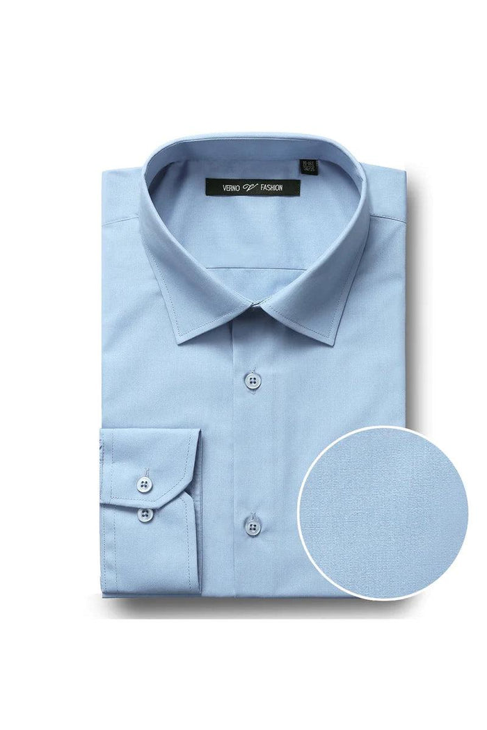 Verno men's sky blue dress shirt. Classic collar, left breast pocket, and buttoned cuffs. Long sleeves. Smooth, woven, solid sky blue fabric.
