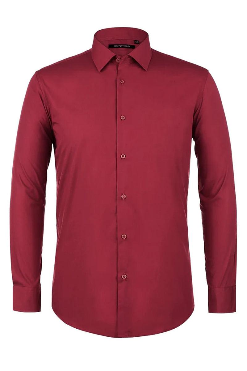 Verno's crimson dress shirt: classic fit, long sleeves, spread collar, button placket. Smooth, solid crimson fabric. Structured, slightly tapered waist.
