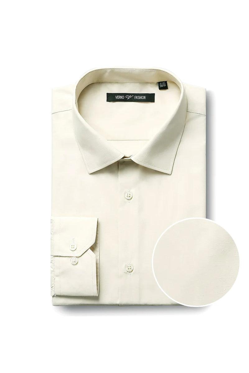 Verno classic fit dress shirt in light beige. Features a spread collar, button placket, and adjustable cuffs. Smooth, slightly shiny fabric. Brand label visible. Circular inset displays fabric texture.
