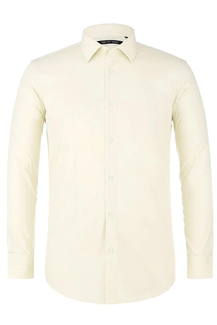 Red men's classic fit dress shirt with spread collar. Long sleeves, button-down front, and curved hem. Smooth, solid red fabric.
