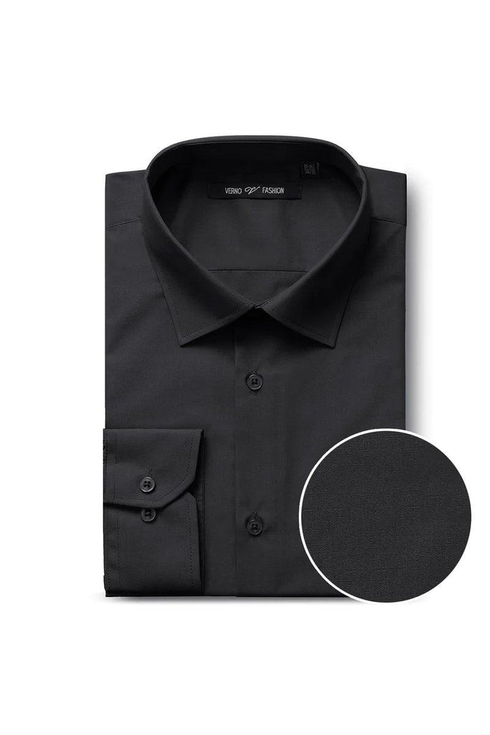 Verno men's black classic dress shirt with spread collar, chest pocket, and button cuffs. Smooth, textured woven fabric. Flat front, button-down closure.
