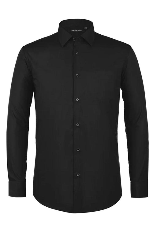Black men's classic dress shirt. Long-sleeved with a spread collar and button-down front. Smooth, solid black fabric and tailored cuffs for a sleek, formal look.
