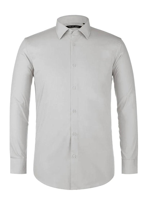 Verno's grey slim-fit dress shirt: collared, long-sleeved, straight cut. Smooth, light grey fabric with subtle sheen. Button-front closure, buttoned cuffs. Solid, pattern-free design.
