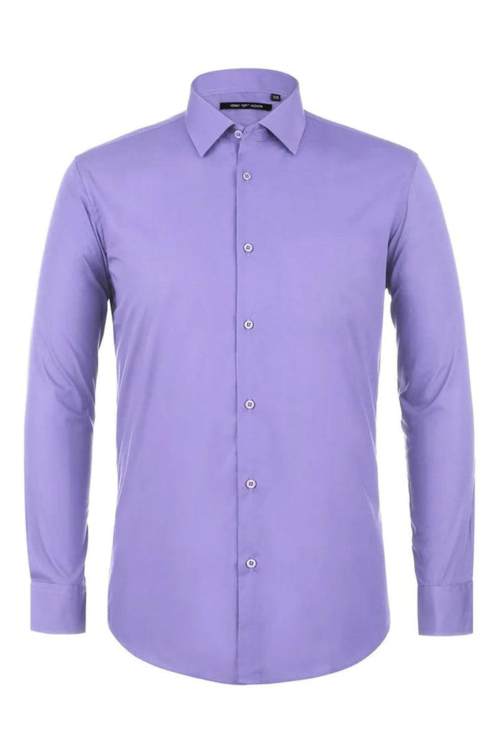 Lavender long-sleeve tuxedo shirt. Standard collar, full button front, and smooth, solid lavender fabric. Button cuffs and slightly curved hem.
