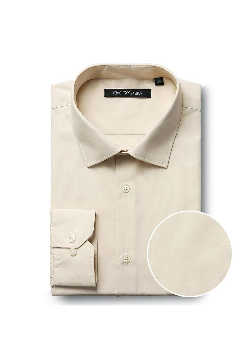 Beige tuxedo dress shirt with a classic collar and button-down front. Single button cuff on the left sleeve. Crafted from smooth, soft fabric.

