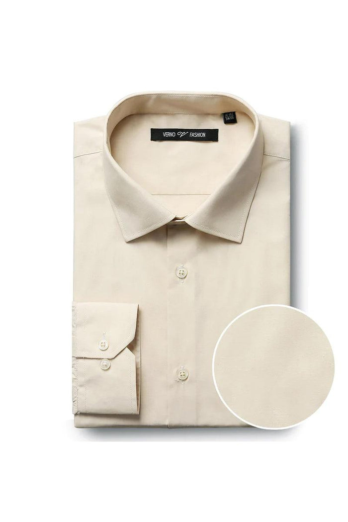 Verno men's taupe dress shirt. Classic spread collar, button-down front, single button cuff. Smooth, lightweight fabric with subtle sheen. Clean, tailored, pattern-free design.
