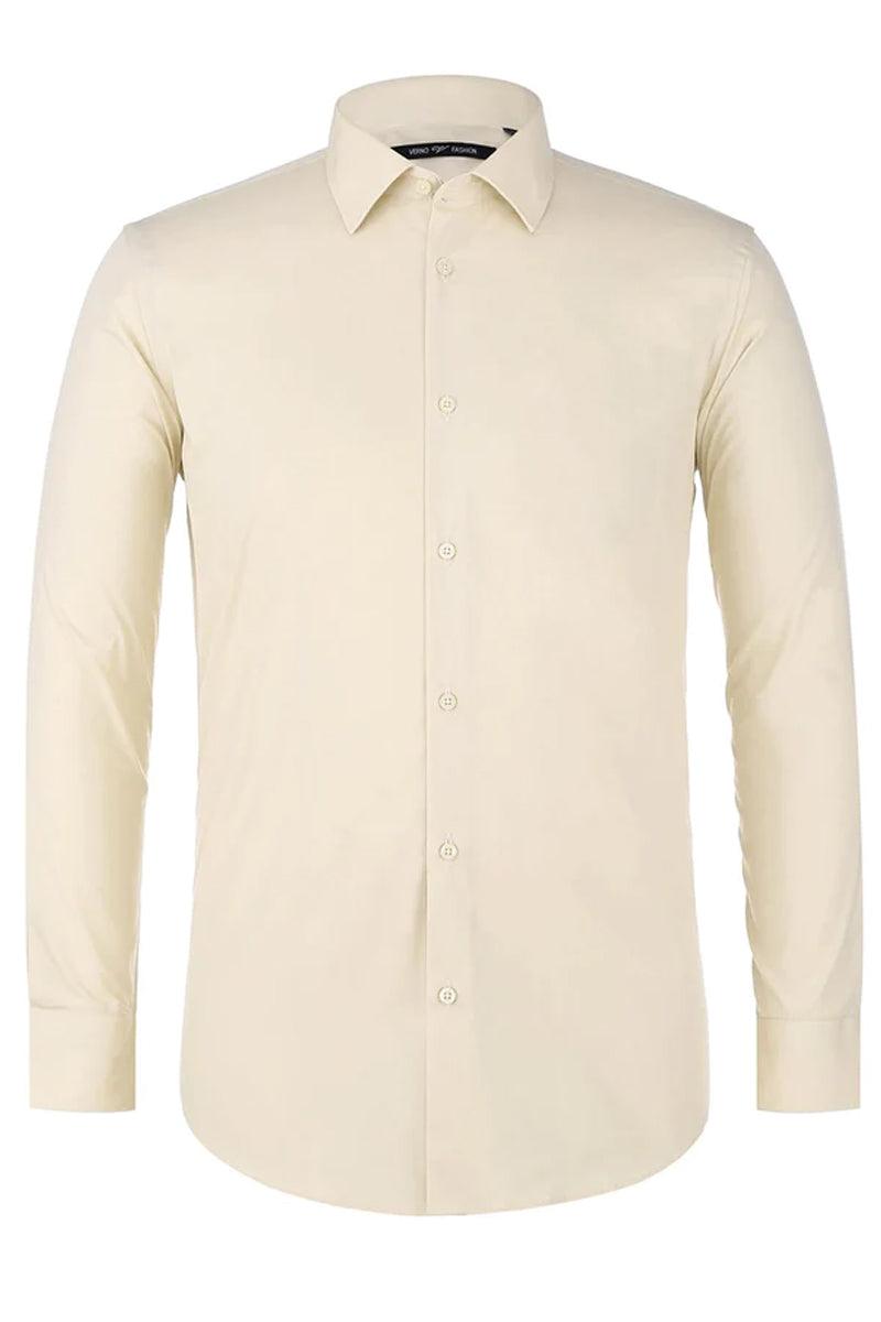 Verno's beige tuxedo dress shirt: long-sleeved, classic collar, button-down front. Smooth texture, likely cotton blend, tailored fit. Straight sleeves, buttoned cuffs. Elegant and formal.
