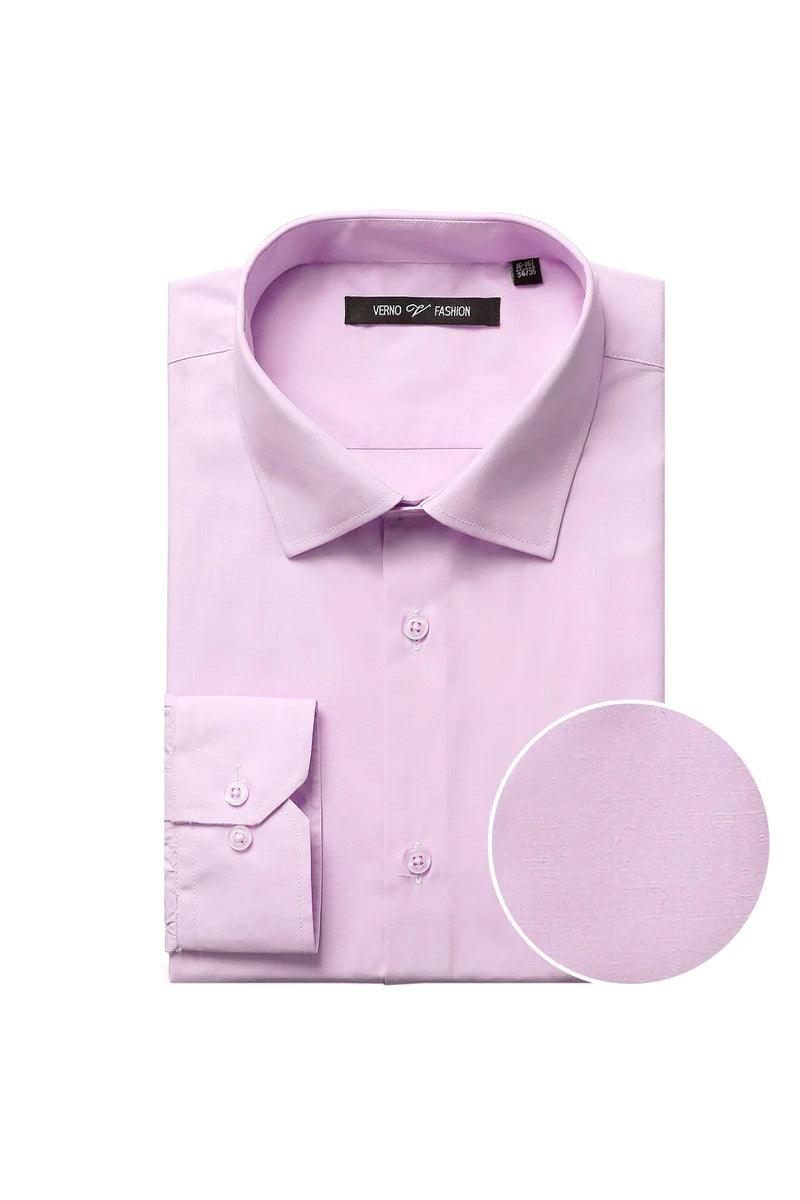 Classic Verno pink dress shirt: spread collar, smooth texture, buttoned cuffs. Light pink fabric. Neatly folded, buttons visible on front and cuffs. Traditional fit.

