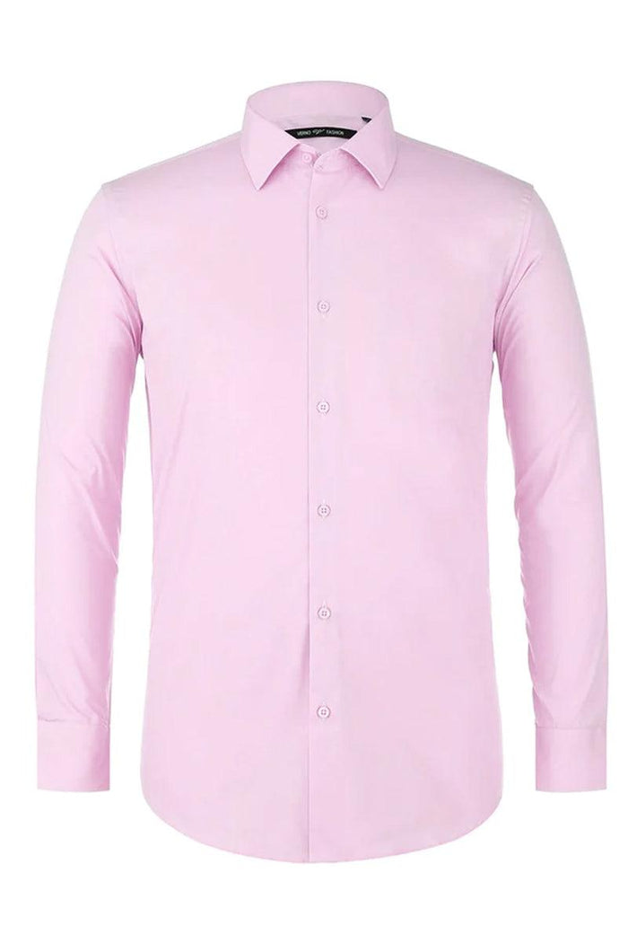 Men's Verno pink dress shirt. Classic fit, spread collar, long sleeves, front button closure. Light pink, smooth fabric, straight hem.
