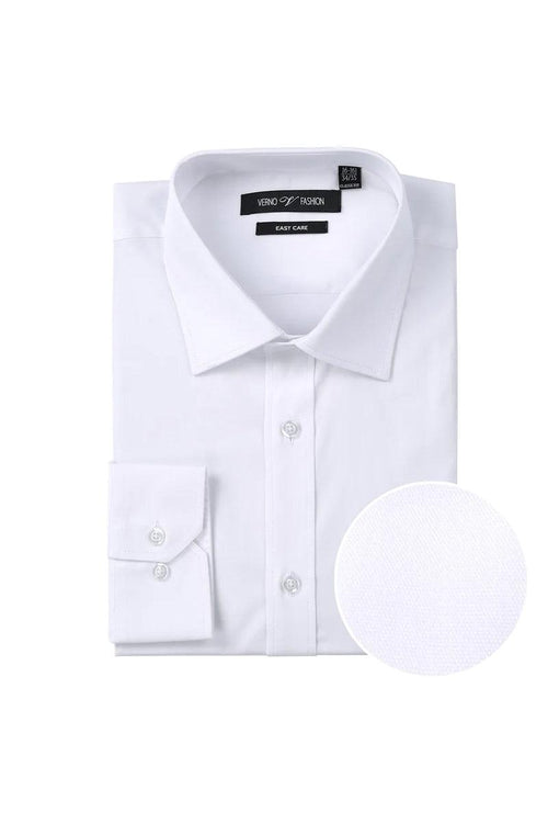 White slim-fit dress shirt with spread collar, buttoned placket, and long sleeves with single-button cuffs. Smooth, textured white fabric, likely easy-care.
