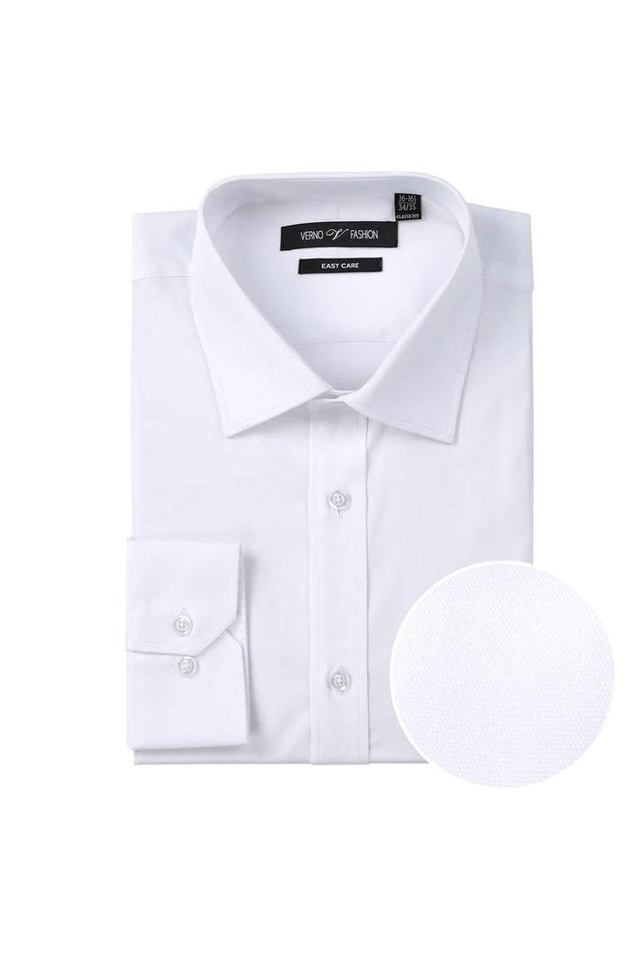 Men's white slim fit dress shirt with spread collar. Smooth texture, button-down front, single chest pocket, and adjustable cuffs.

