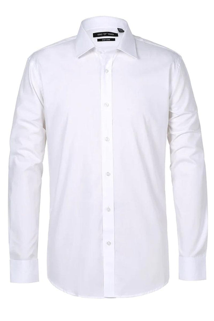 Men's white slim-fit dress shirt. Spread collar, long sleeves, front button closure. Smooth, lightweight fabric. Single-button cuffs. Uniform white color; no patterns.
