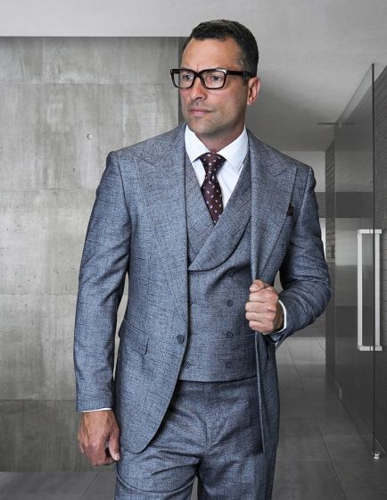 A three-piece modern fit suit made from 100% wool features a textured windowpane pattern. The suit is displayed in shades of gray, comprising a jacket, a vest, and trousers. The jacket has notched lapels and a tailored silhouette, while the vest is buttoned up.