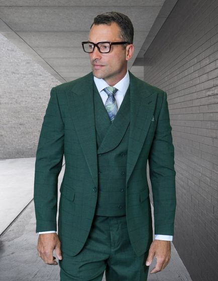 This is a three-piece suit manufactured from 100% wool, featuring a modern fit with a textured windowpane pattern. The suit is primarily a deep green color, showcasing a fitted blazer with a peaked lapel, a waistcoat, and tailored trousers.