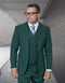 This is a three-piece suit manufactured from 100% wool, featuring a modern fit with a textured windowpane pattern. The suit is primarily a deep green color, showcasing a fitted blazer with a peaked lapel, a waistcoat, and tailored trousers.