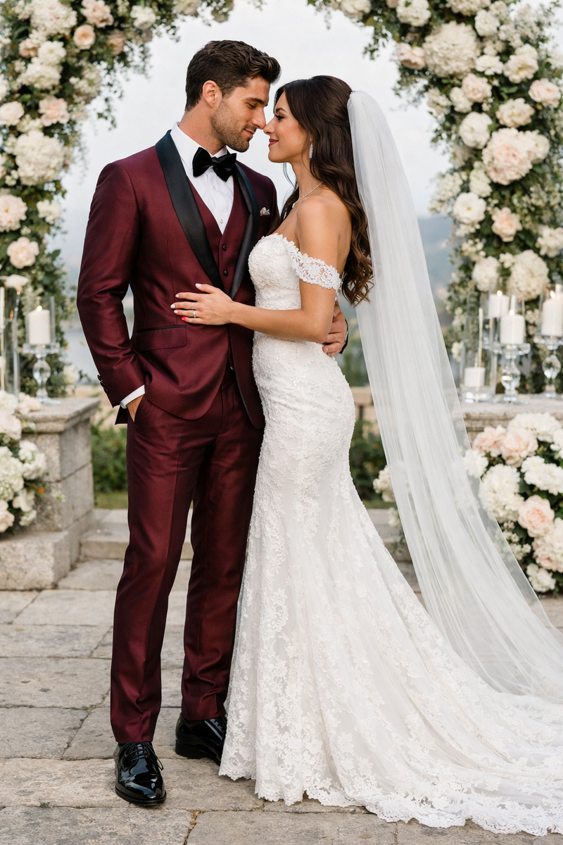 Burgundy 3-piece tuxedo with a smooth, glossy fabric. Features a structured jacket with shawl lapel and tailored fit, plus matching trousers. Elegant and refined.