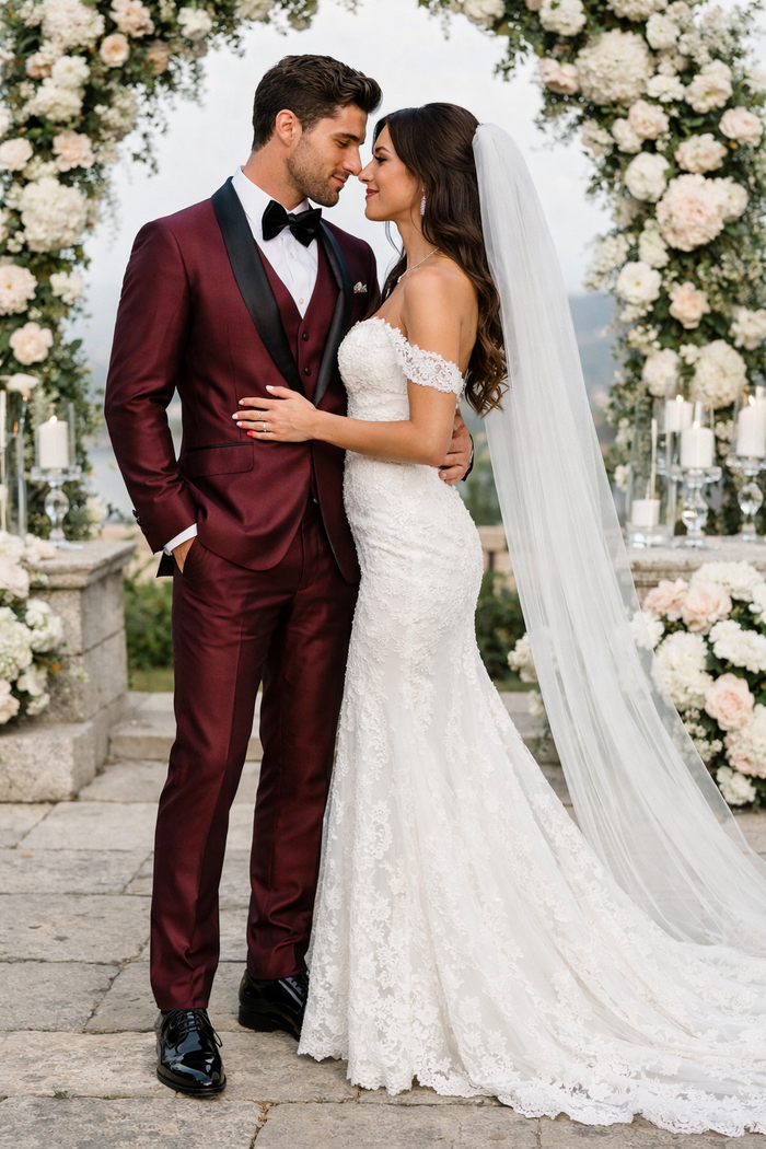 Burgundy 3-piece tuxedo with a smooth, glossy fabric. Features a structured jacket with shawl lapel and tailored fit, plus matching trousers. Elegant and refined.