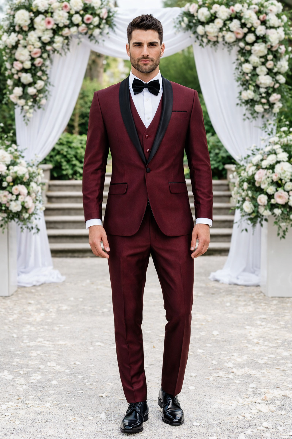 Elegant Burgundy 3-Piece Tuxedo – Versailles Shawl Lapel Formal Wear