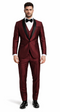 Burgundy 3-piece tuxedo with shawl lapel and tailored fit. Features a glossy finish, black satin lapel accents, jacket, vest, and matching trousers. Elegant and refined.