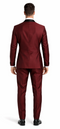 Elegant burgundy three-piece tuxedo with shawl lapel. Smooth, tailored fit in deep burgundy. Sleek back with single vent. Matching trousers. Structured, form-fitting silhouette.
