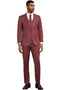 Burgundy pinstripe Stacy Adams men's suit. Fitted, one-button peak lapel jacket & matching 3-button vest. Textured, woven-look fabric. Tailored pants complete the ensemble.