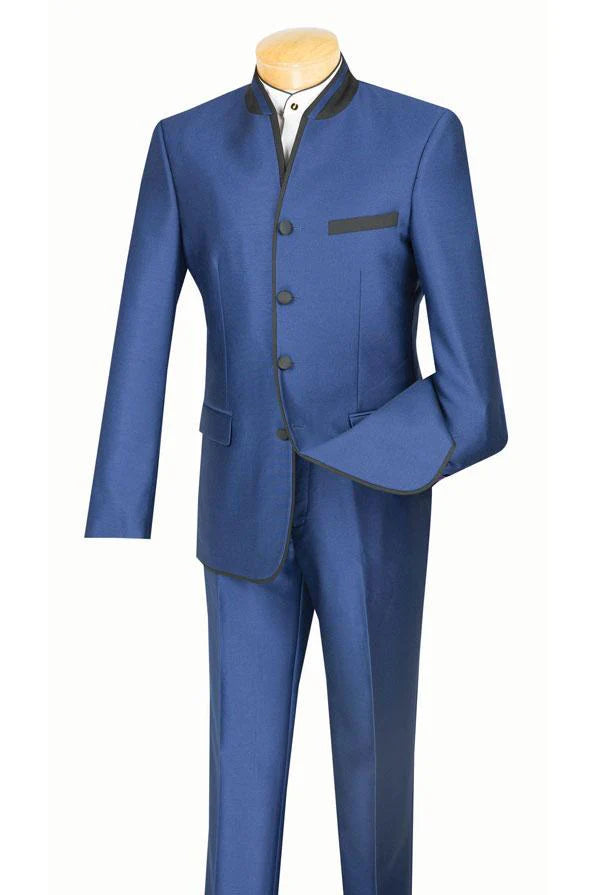 Mens Blue Sharkskin Mandarin Collar Tuxedo - 2 Piece Slim Fit Luxury Set