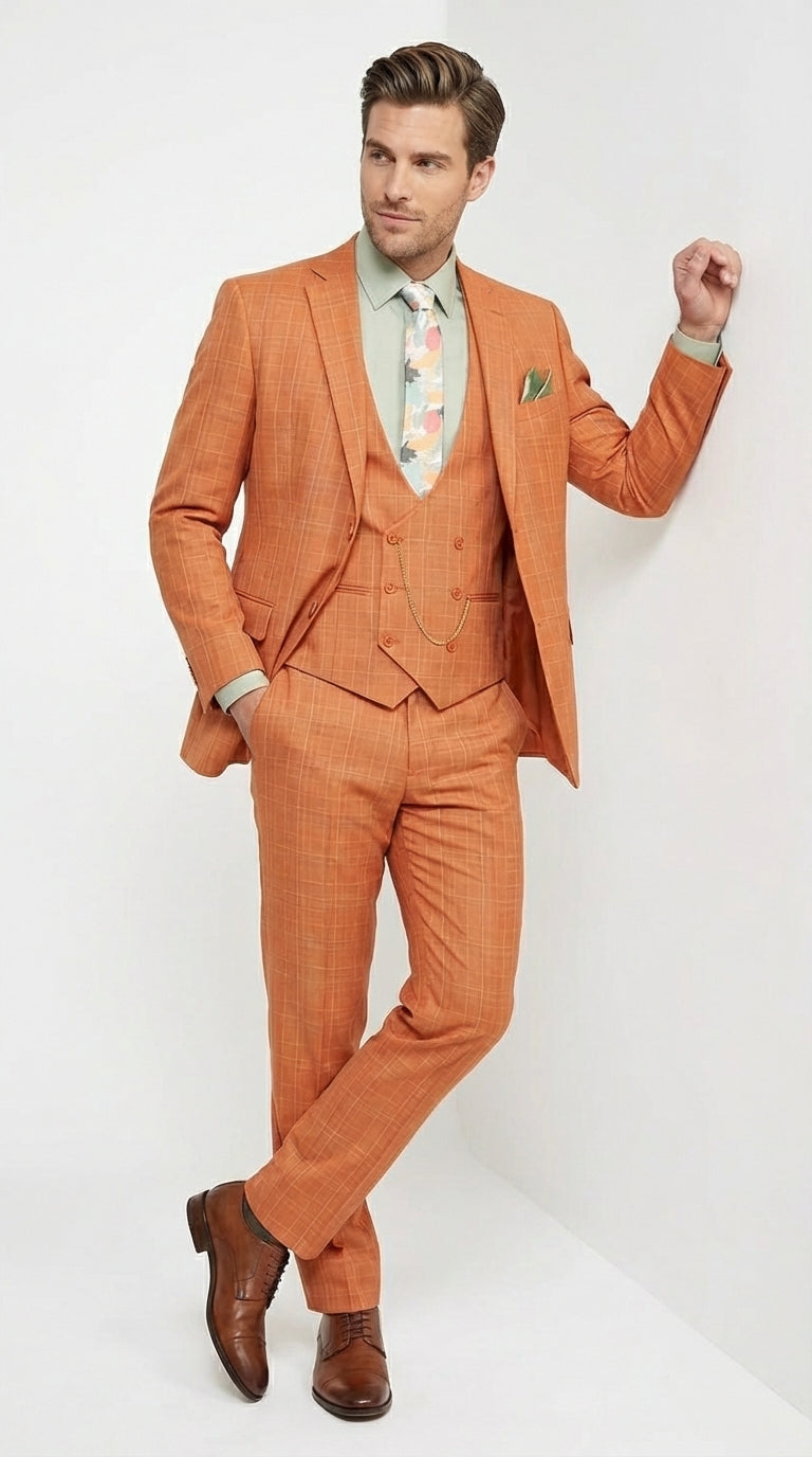 Vinci Mens Orange Three Piece Suit – Orange Windowpane Plaid 3PC Formal Suit for Wedding, Church and Business Holloween Color