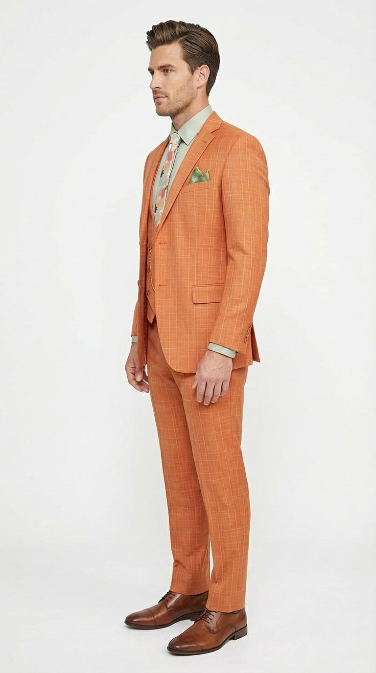 Vinci Mens Orange Three Piece Suit – Orange Windowpane Plaid 3PC Formal Suit for Wedding, Church and Business Holloween Color