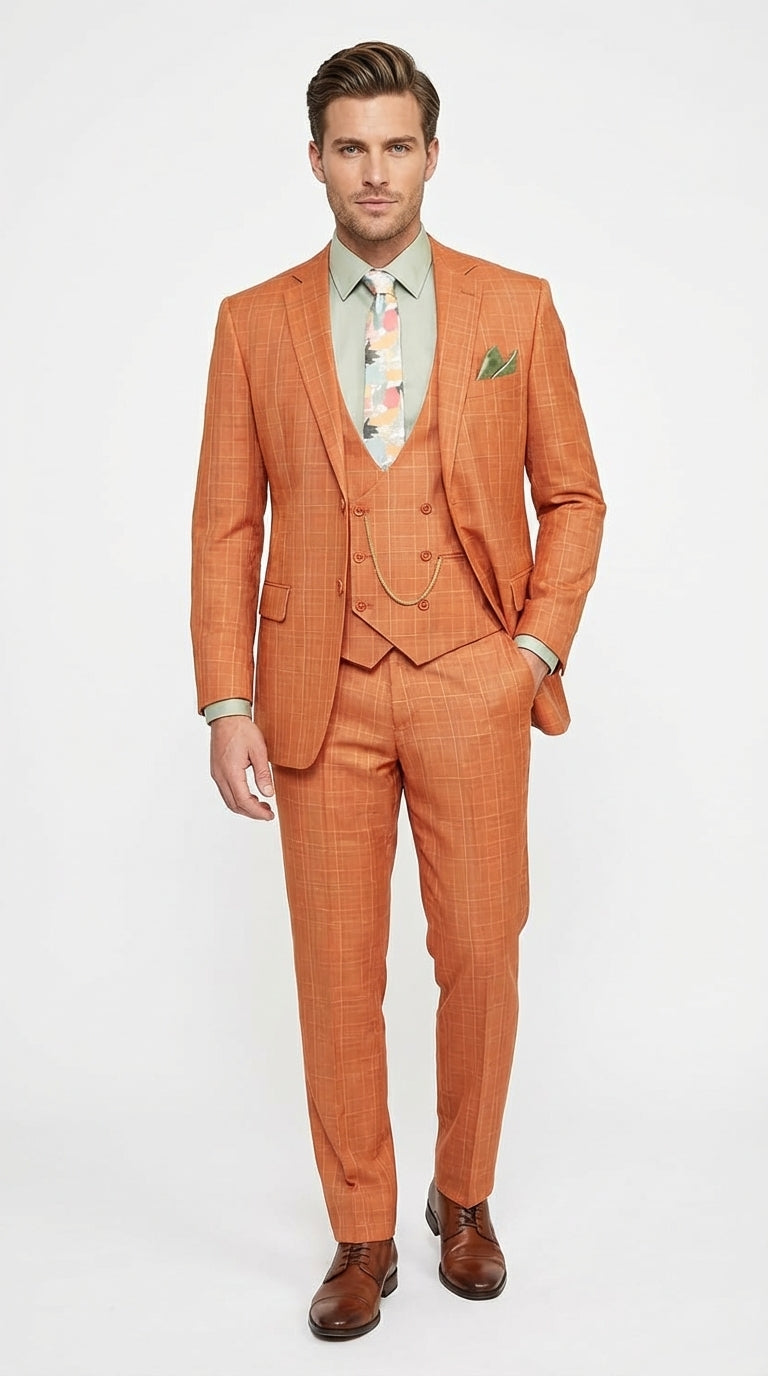Vinci Mens Orange Three Piece Suit – Orange Windowpane Plaid 3PC Formal Suit for Wedding, Church and Business Holloween Color