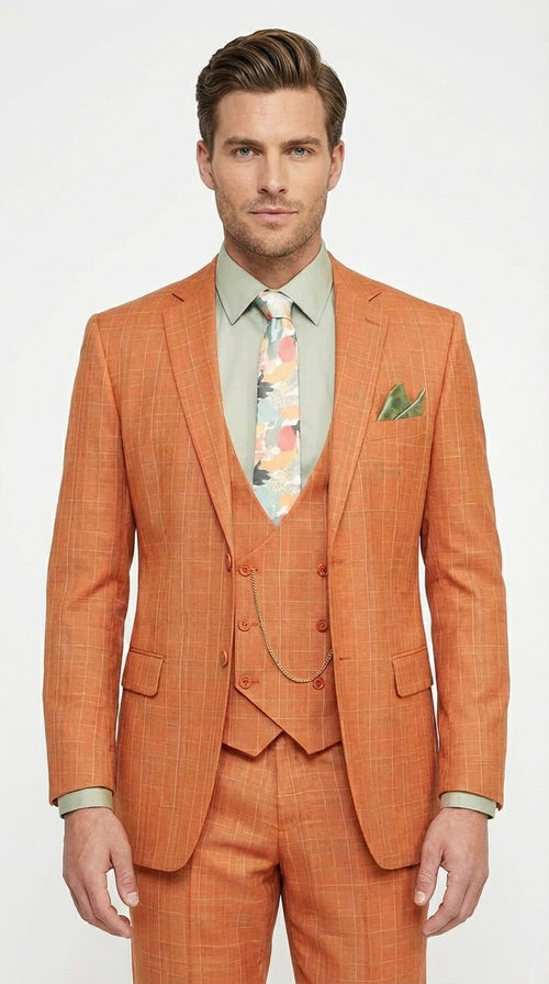 Vinci Mens Orange Three Piece Suit – Orange Windowpane Plaid 3PC Formal Suit for Wedding, Church and Business Holloween Color