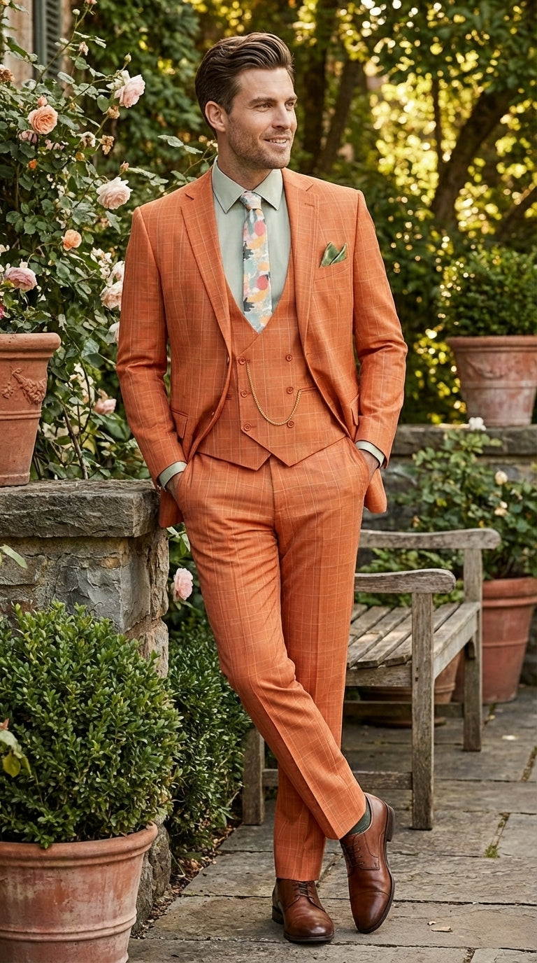 Vinci Mens Orange Three Piece Suit – Orange Windowpane Plaid 3PC Formal Suit for Wedding, Church and Business Holloween Color
