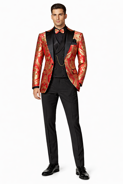 VINCI Men's Red & Gold Modern Fit 3pc Tuxedo Suit w/ Matching Bow-Tie NEW
