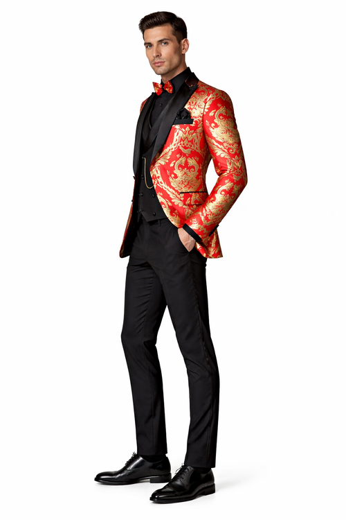 VINCI Men's Red & Gold Modern Fit 3pc Tuxedo Suit w/ Matching Bow-Tie NEW