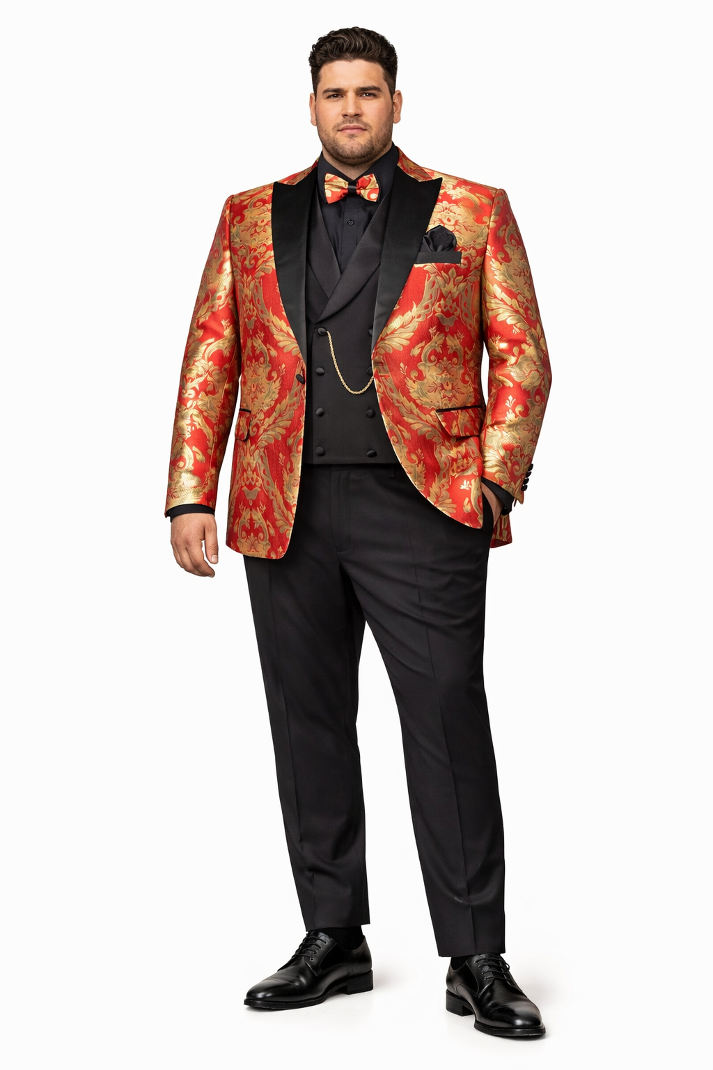 VINCI Men's Red & Gold Modern Fit 3pc Tuxedo Suit w/ Matching Bow-Tie NEW