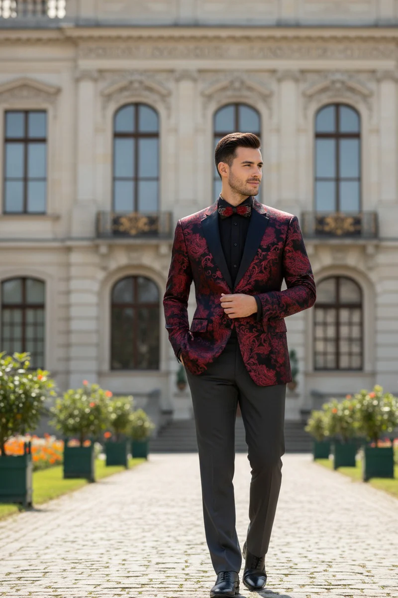 Posh Paisley Velvet Red Tuxedo Jacket