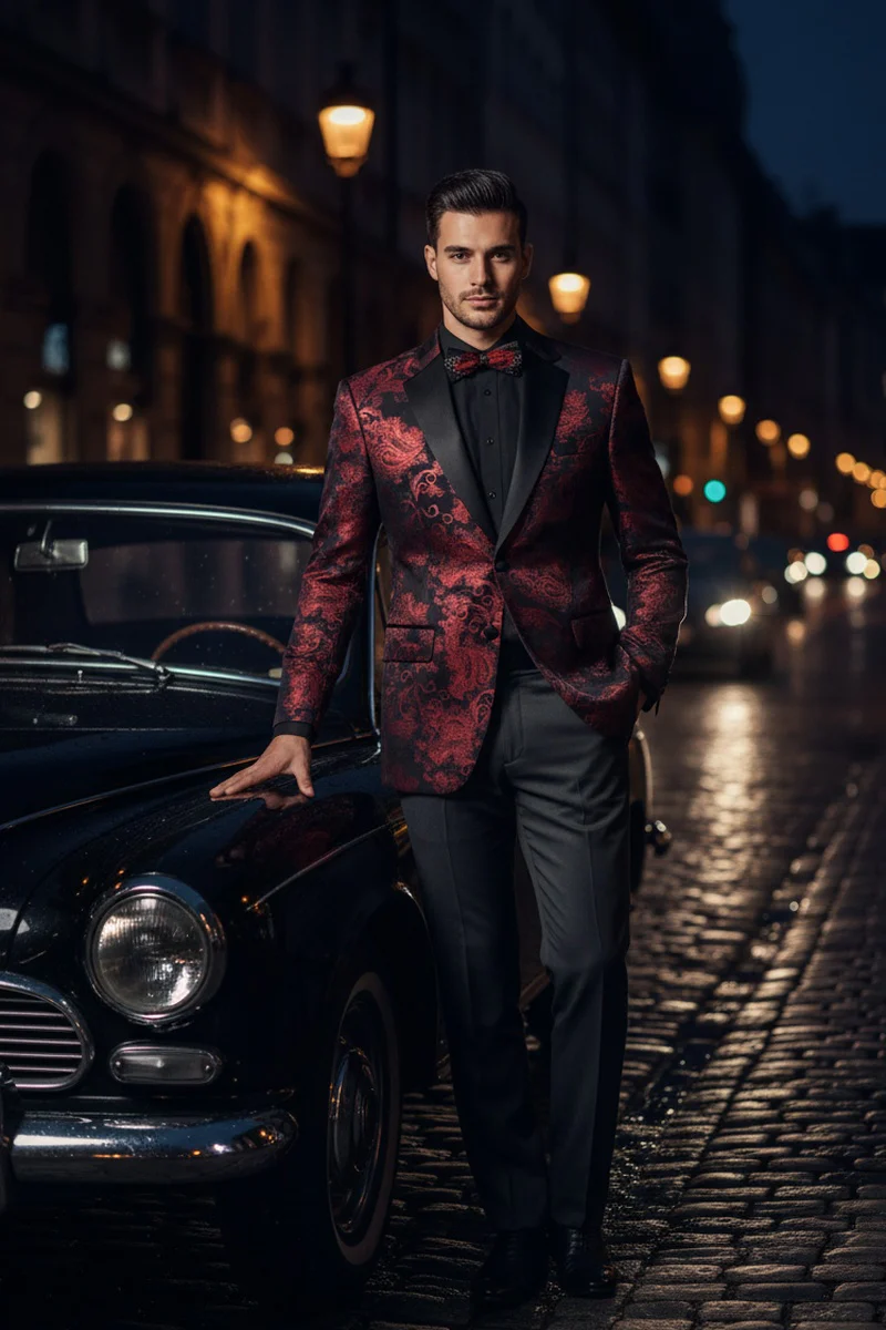 Posh Paisley Velvet Red Tuxedo Jacket