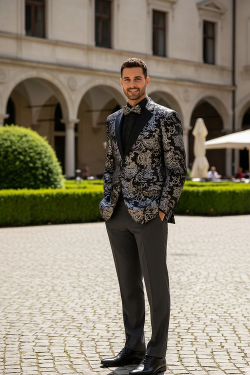 Posh Paisley Velvet Silver Tuxedo Jacket | Alberto Nardoni Posh Paisley Velvet Silver Tuxedo Jacket | Alberto Nardoni