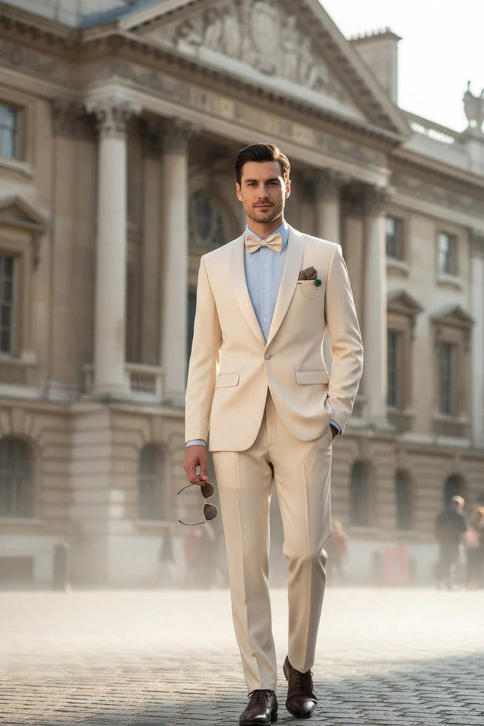 Spectrum Champagne Shawl Lapel Tuxedo – 3-Piece One Button Elegant Formal Suit