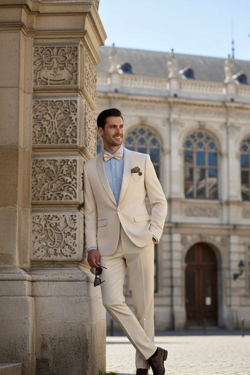 Spectrum Champagne Shawl Lapel Tuxedo – 3-Piece One Button Elegant Formal Suit